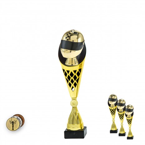 Motorsport (Helm) auf einer schwarz-goldenen Trophäe